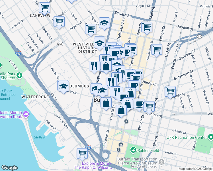 map of restaurants, bars, coffee shops, grocery stores, and more near 135 Delaware Avenue in Buffalo
