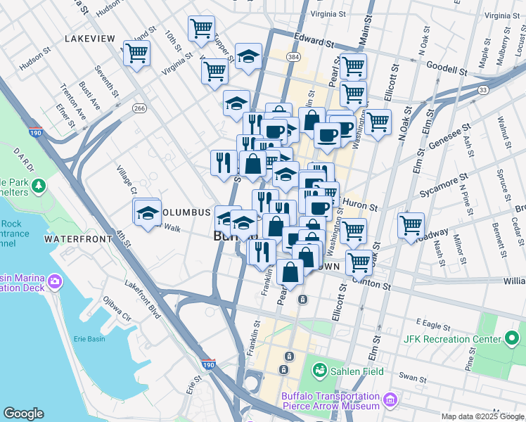 map of restaurants, bars, coffee shops, grocery stores, and more near 135 Delaware Avenue in Buffalo