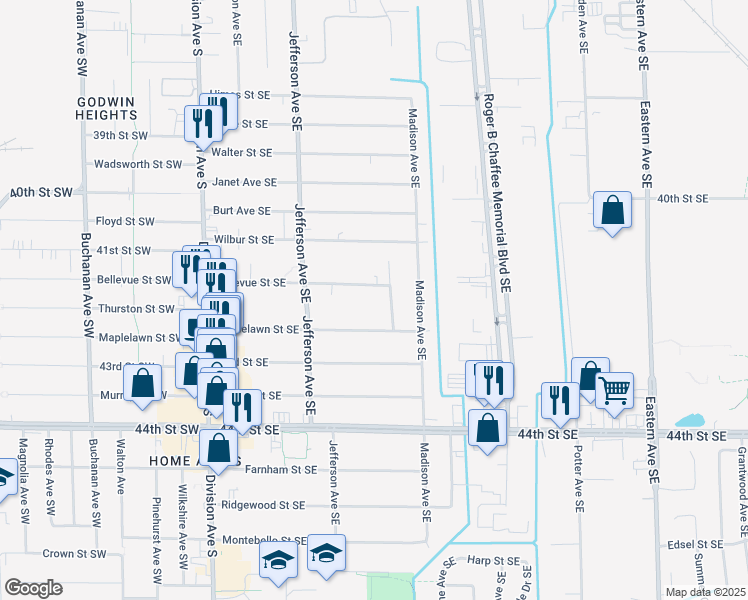 map of restaurants, bars, coffee shops, grocery stores, and more near 324 Bellevue Street Southeast in Wyoming