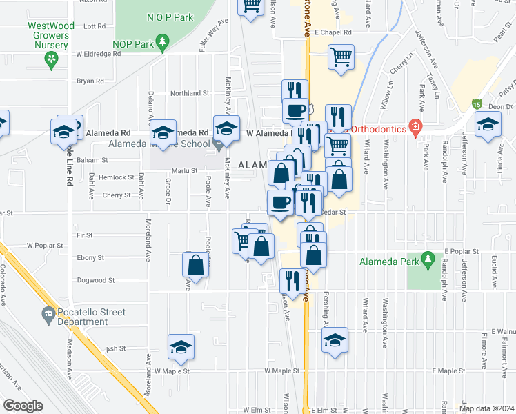 map of restaurants, bars, coffee shops, grocery stores, and more near 340 West Cedar Street in Pocatello