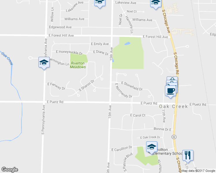 map of restaurants, bars, coffee shops, grocery stores, and more near 3120 Stonefield Drive in Oak Creek