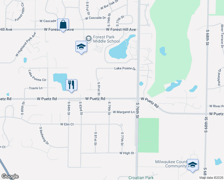 map of restaurants, bars, coffee shops, grocery stores, and more near 7898 West Puetz Road in Franklin