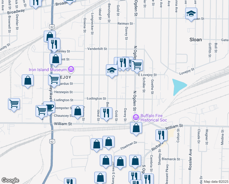 map of restaurants, bars, coffee shops, grocery stores, and more near 120 Gold Street in Buffalo