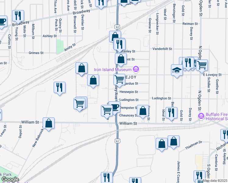 map of restaurants, bars, coffee shops, grocery stores, and more near 1242 Bailey Avenue in Buffalo