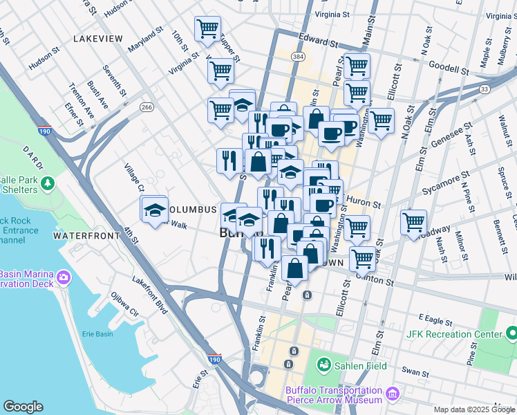map of restaurants, bars, coffee shops, grocery stores, and more near 130 Delaware Avenue in Buffalo