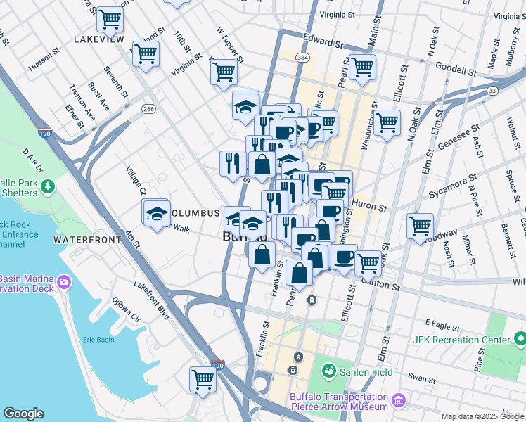 map of restaurants, bars, coffee shops, grocery stores, and more near 130 Delaware Avenue in Buffalo