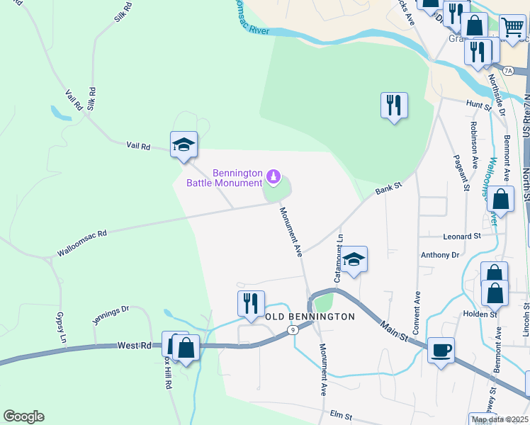map of restaurants, bars, coffee shops, grocery stores, and more near 10 Walloomsac Road in Bennington