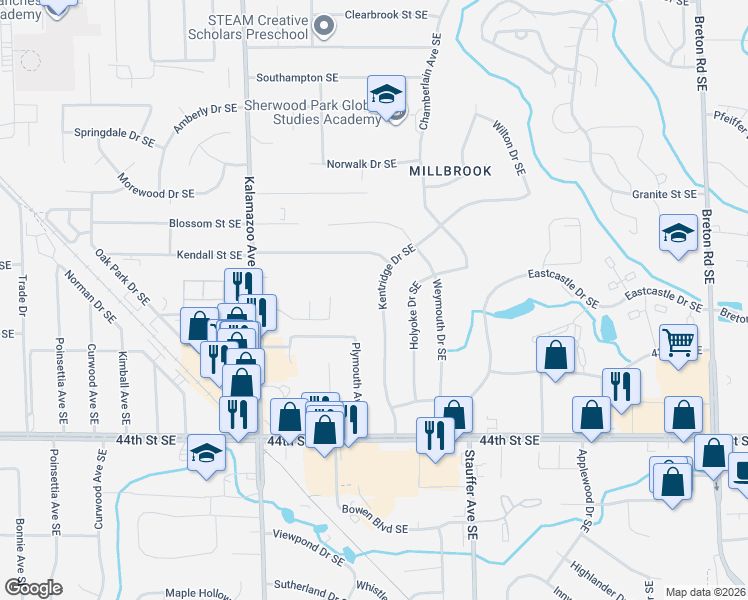 map of restaurants, bars, coffee shops, grocery stores, and more near 4141 Kentridge Drive Southeast in Grand Rapids