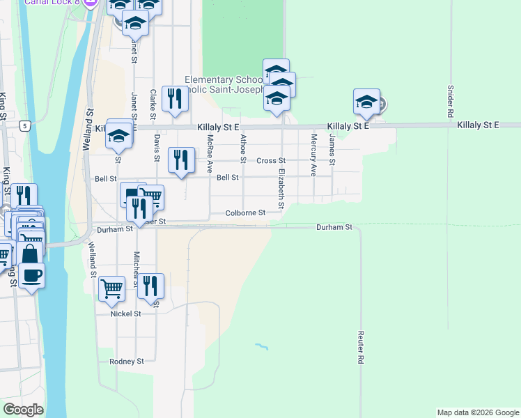 map of restaurants, bars, coffee shops, grocery stores, and more near 84 Colborne Street in Port Colborne