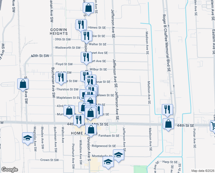 map of restaurants, bars, coffee shops, grocery stores, and more near 136 Bellevue Street Southeast in Grand Rapids