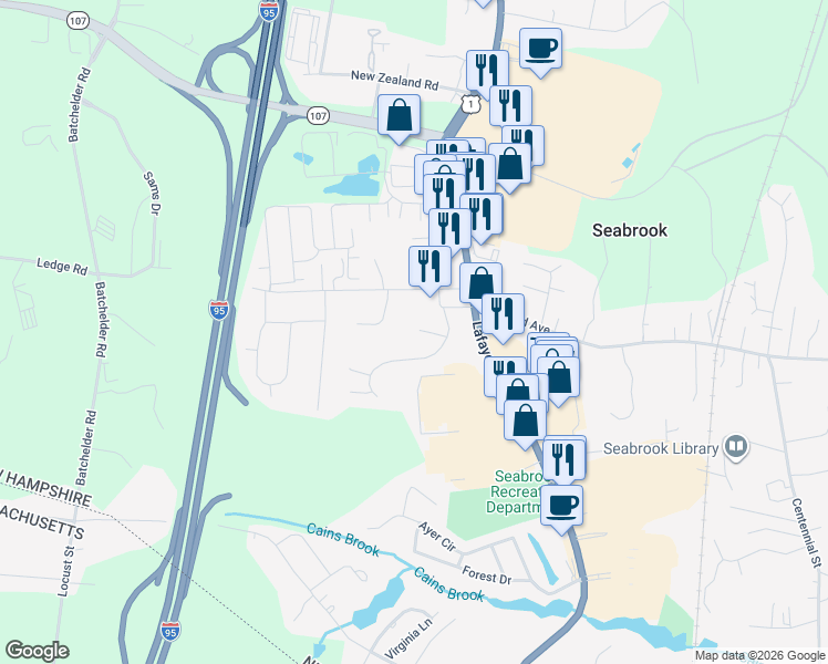 map of restaurants, bars, coffee shops, grocery stores, and more near 4 Autumn Way in Seabrook