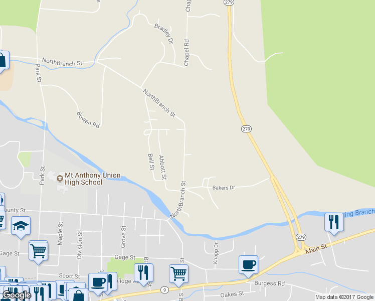 map of restaurants, bars, coffee shops, grocery stores, and more near 323 North Branch Street in Bennington County