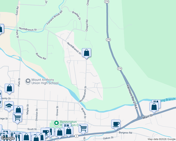map of restaurants, bars, coffee shops, grocery stores, and more near 323 North Branch Street in Bennington County