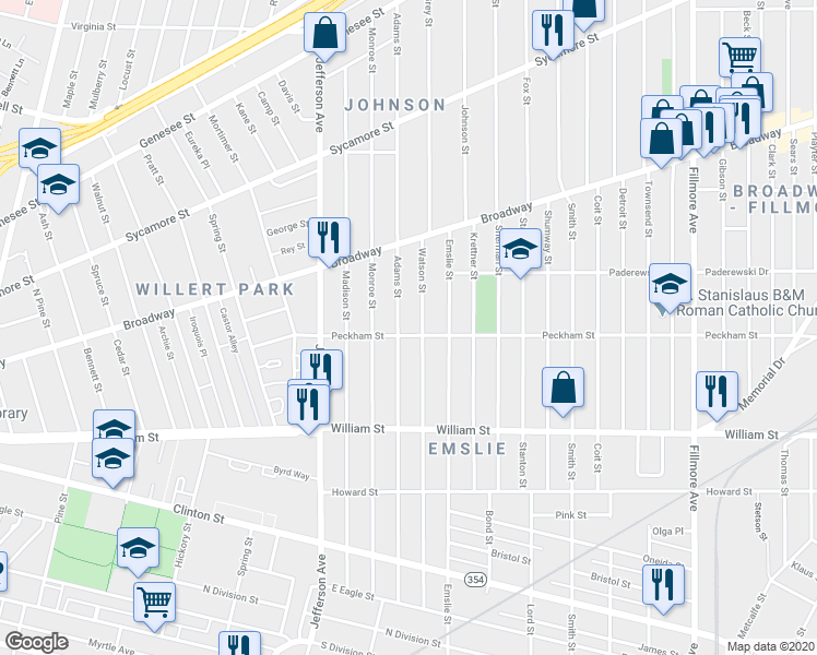 map of restaurants, bars, coffee shops, grocery stores, and more near 96 Peckham Street in Buffalo