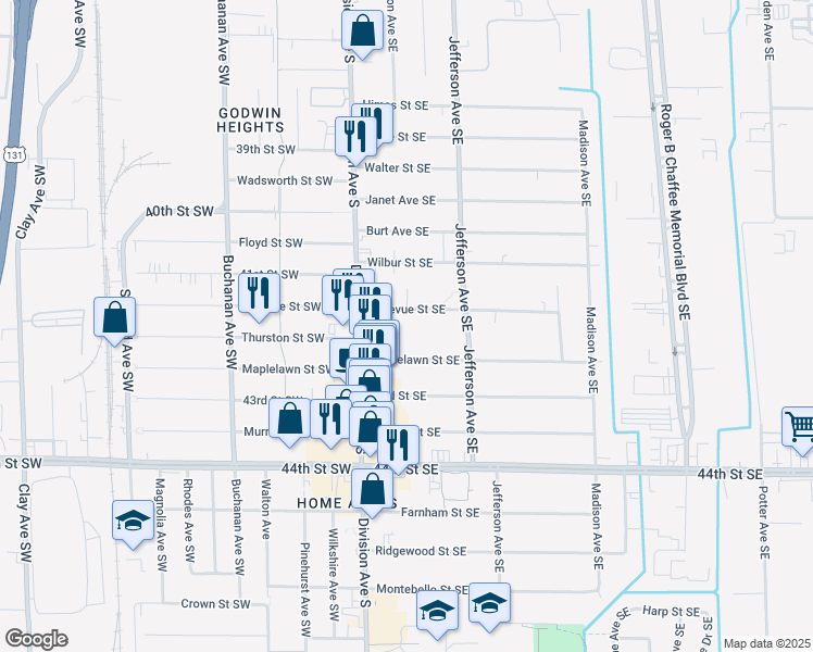 map of restaurants, bars, coffee shops, grocery stores, and more near 28 Bellevue Street Southeast in Grand Rapids