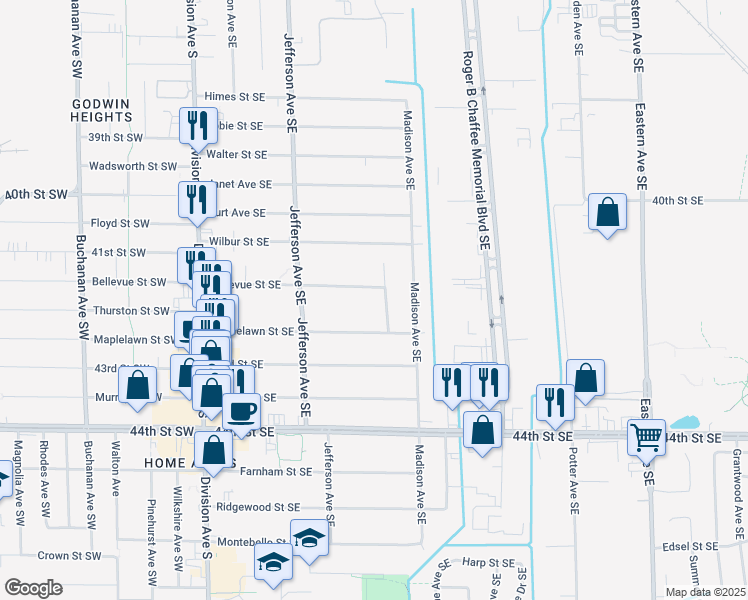 map of restaurants, bars, coffee shops, grocery stores, and more near 332 Bellevue Street Southeast in Grand Rapids