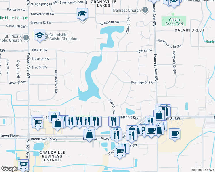 map of restaurants, bars, coffee shops, grocery stores, and more near 4179 Peshtigo Court Southwest in Grandville