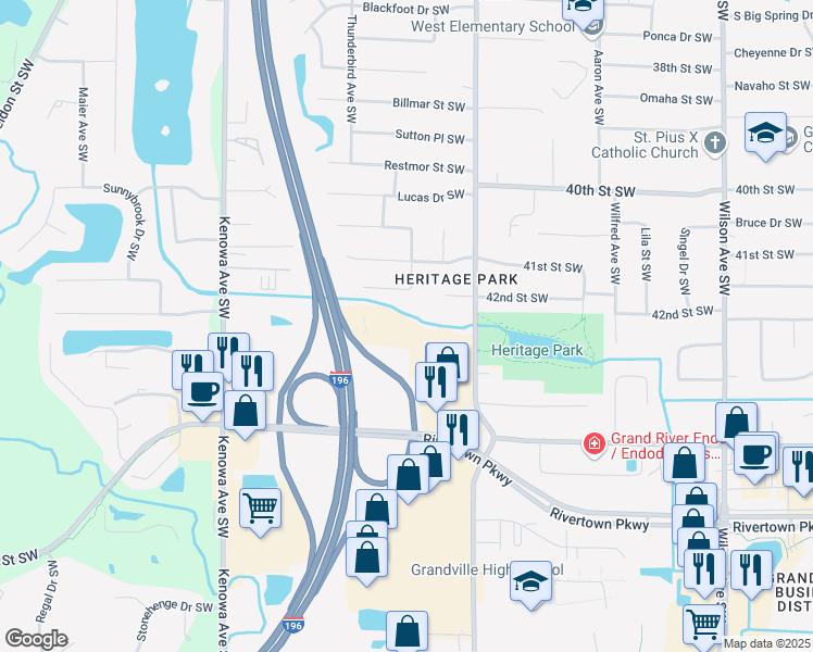 map of restaurants, bars, coffee shops, grocery stores, and more near 4401 Heritage Court Southwest in Grandville