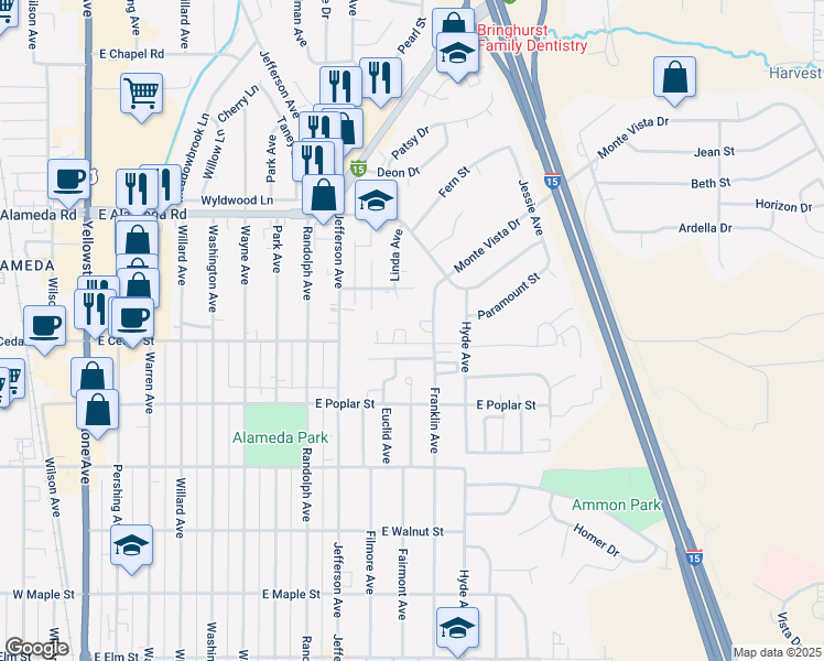 map of restaurants, bars, coffee shops, grocery stores, and more near 1100 East Cedar Street in Pocatello