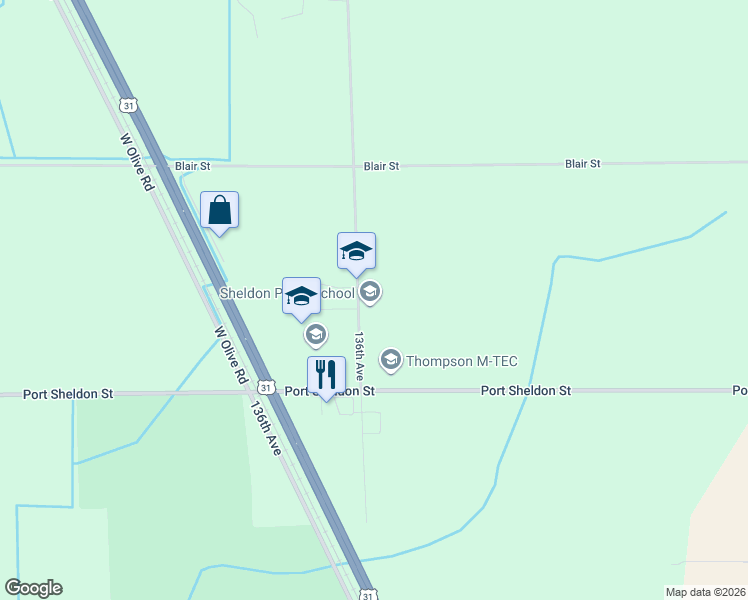 map of restaurants, bars, coffee shops, grocery stores, and more near 6542 136th Avenue in Holland