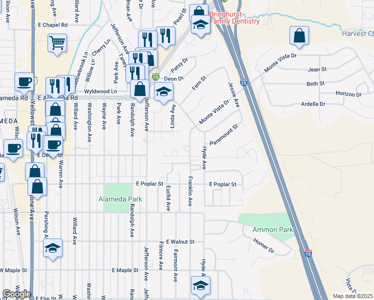 map of restaurants, bars, coffee shops, grocery stores, and more near 707 Franklin Avenue in Pocatello