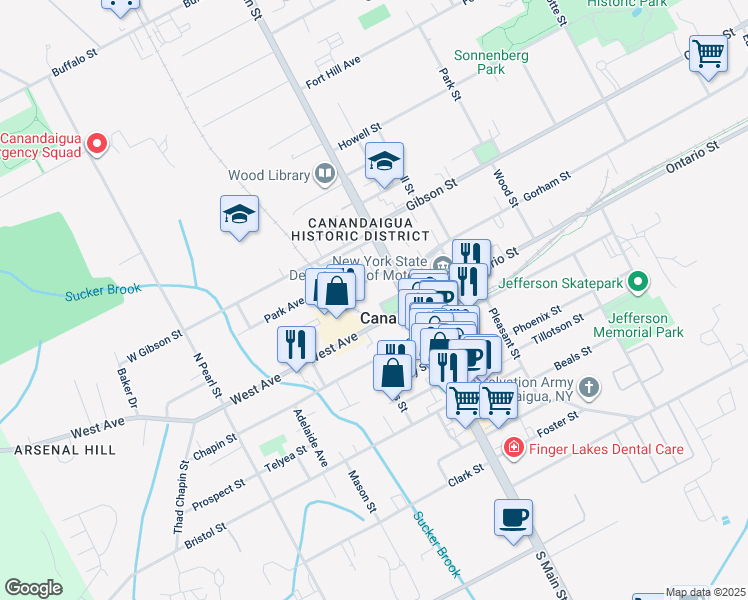 map of restaurants, bars, coffee shops, grocery stores, and more near 26 Atwater Park in Canandaigua