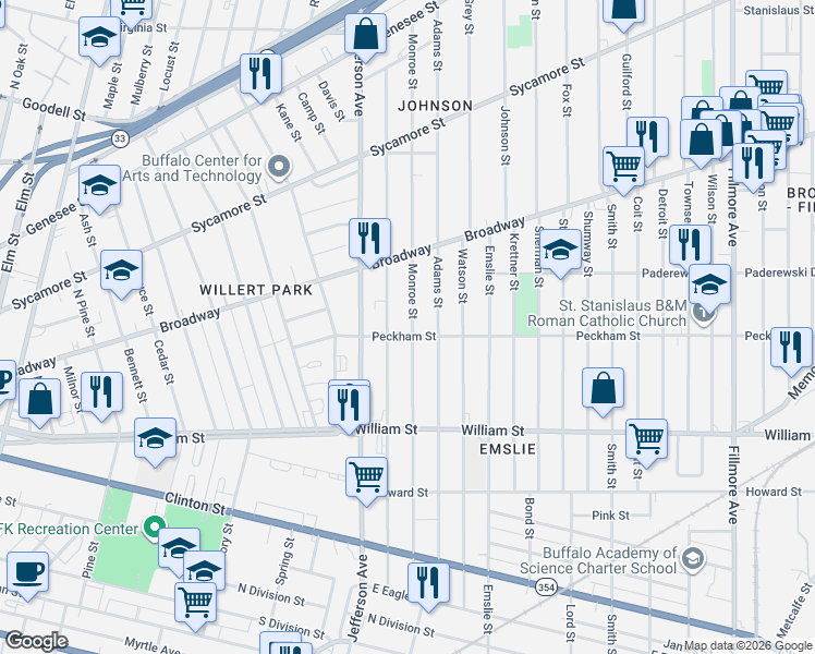 map of restaurants, bars, coffee shops, grocery stores, and more near 52 Peckham Street in Buffalo