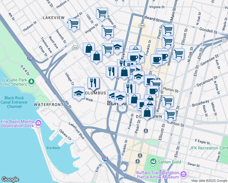 map of restaurants, bars, coffee shops, grocery stores, and more near 99 South Elmwood Avenue in Buffalo