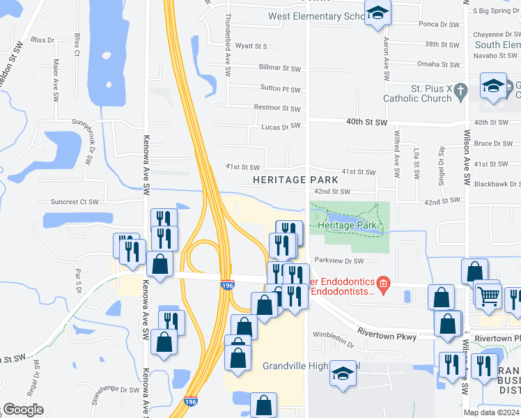 map of restaurants, bars, coffee shops, grocery stores, and more near 4401 Heritage Court Southwest in Grandville