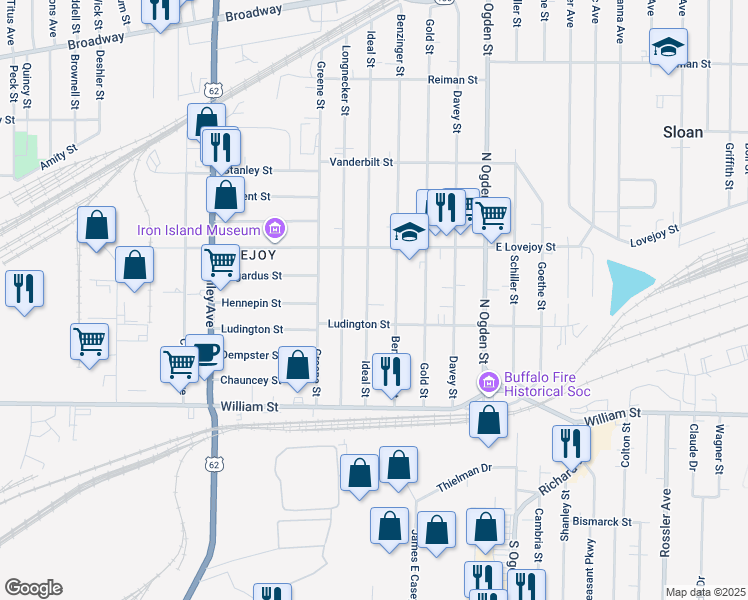 map of restaurants, bars, coffee shops, grocery stores, and more near 121 Ideal Street in Buffalo