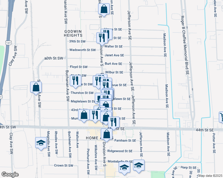 map of restaurants, bars, coffee shops, grocery stores, and more near 28 Bellevue Street Southeast in Grand Rapids