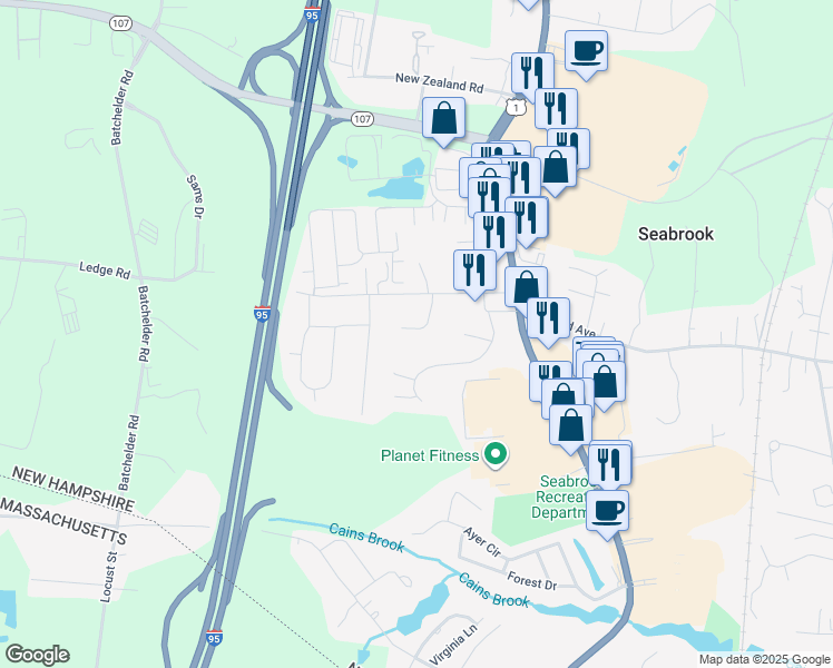 map of restaurants, bars, coffee shops, grocery stores, and more near 15A Bowley Way in Seabrook