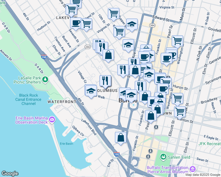 map of restaurants, bars, coffee shops, grocery stores, and more near 32 7th Street in Buffalo