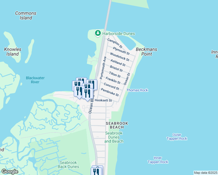 map of restaurants, bars, coffee shops, grocery stores, and more near 83 Pembroke Street in Seabrook