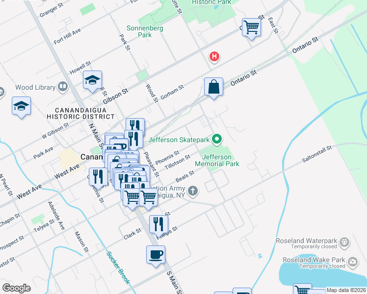 map of restaurants, bars, coffee shops, grocery stores, and more near 136 Tillotson Street in Canandaigua