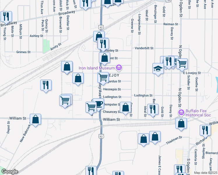 map of restaurants, bars, coffee shops, grocery stores, and more near 30 Hennepin Street in Buffalo