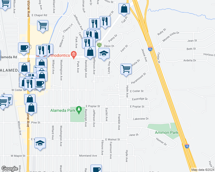 map of restaurants, bars, coffee shops, grocery stores, and more near 1044 East Cedar Street in Pocatello