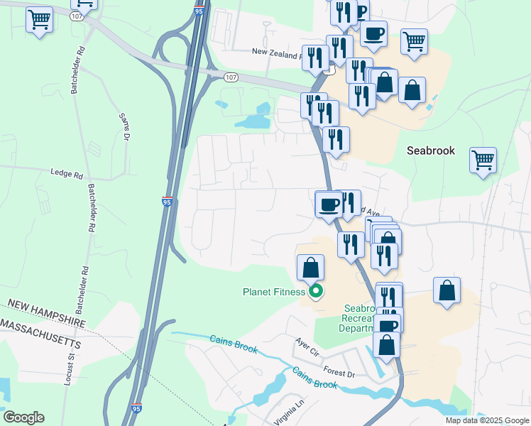 map of restaurants, bars, coffee shops, grocery stores, and more near 15A Bowley Way in Seabrook