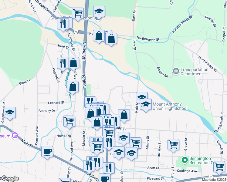map of restaurants, bars, coffee shops, grocery stores, and more near 622 North Street in Bennington