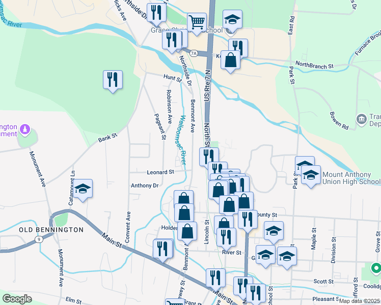 map of restaurants, bars, coffee shops, grocery stores, and more near 226 1/2 Benmont Avenue in Bennington
