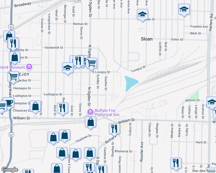 map of restaurants, bars, coffee shops, grocery stores, and more near 99 Goethe Street in Buffalo