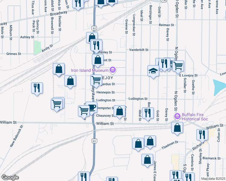 map of restaurants, bars, coffee shops, grocery stores, and more near 74 Hennepin Street in Buffalo