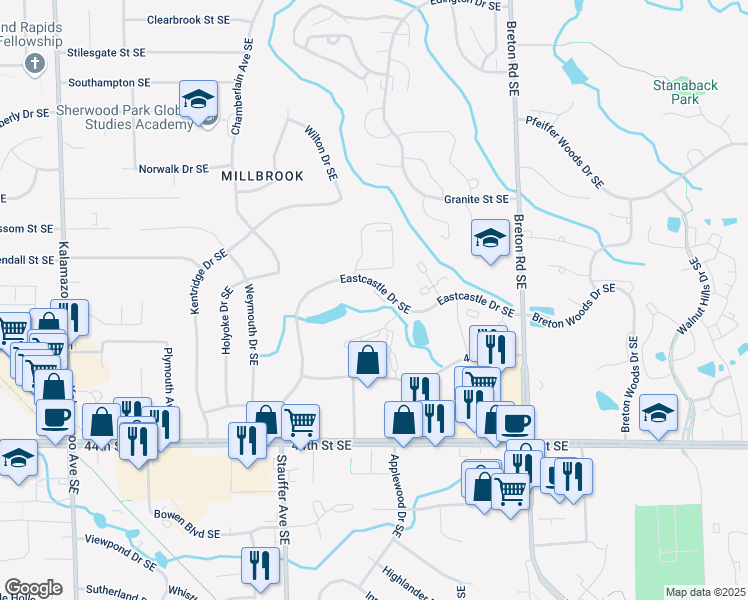 map of restaurants, bars, coffee shops, grocery stores, and more near 2144 Eastcastle Drive Southeast in Grand Rapids