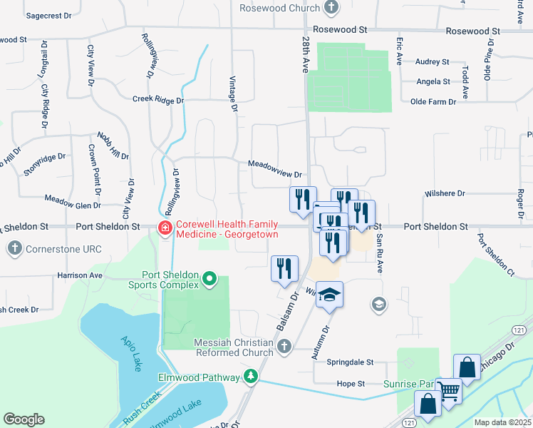 map of restaurants, bars, coffee shops, grocery stores, and more near 2903 Port Sheldon Street in Hudsonville