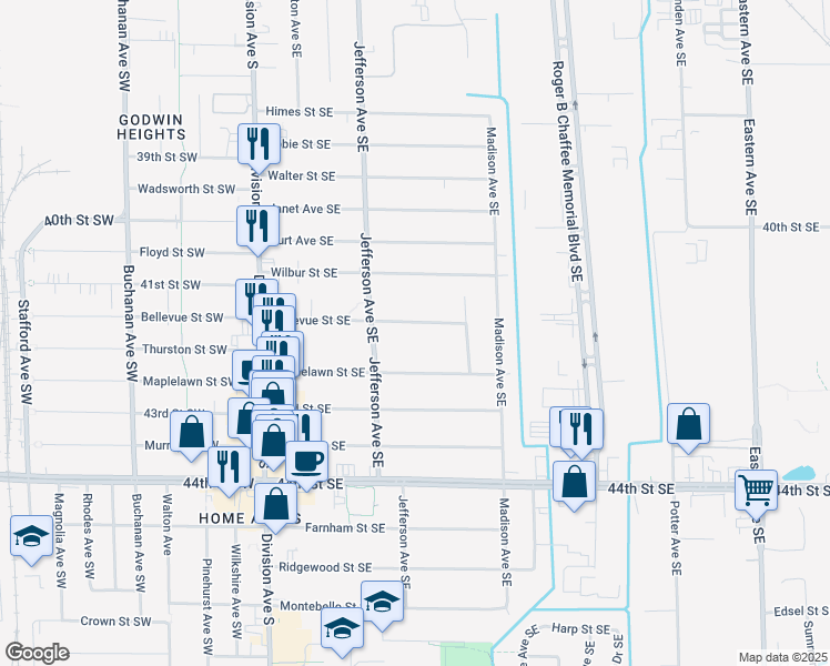 map of restaurants, bars, coffee shops, grocery stores, and more near 236 Bellevue Street Southeast in Grand Rapids
