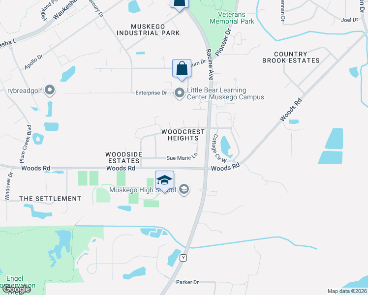 map of restaurants, bars, coffee shops, grocery stores, and more near S86W18392 Sue Marie Lane in Muskego