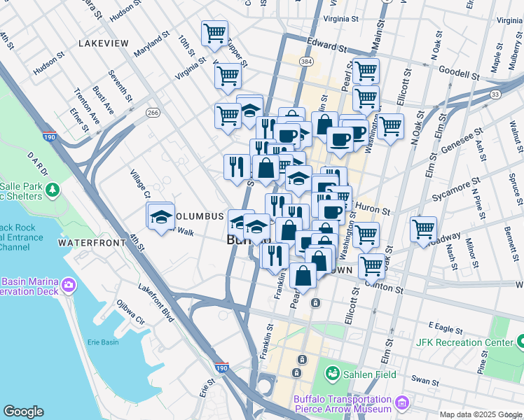 map of restaurants, bars, coffee shops, grocery stores, and more near 138 Delaware Avenue in Buffalo