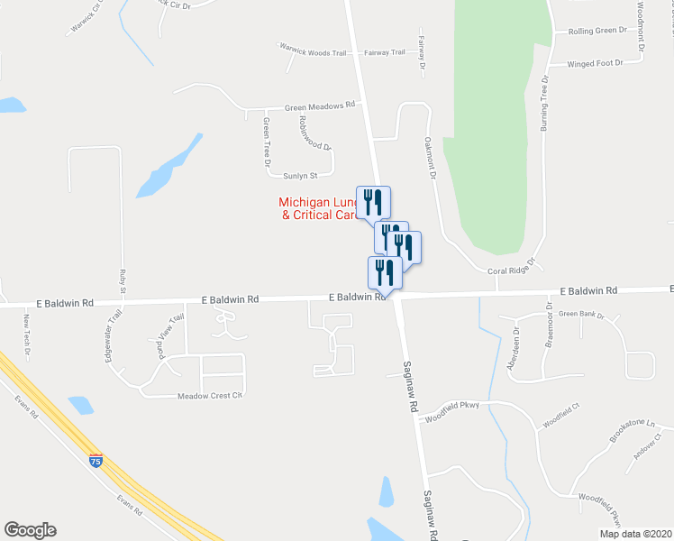 map of restaurants, bars, coffee shops, grocery stores, and more near 5239 East Baldwin Road in Holly