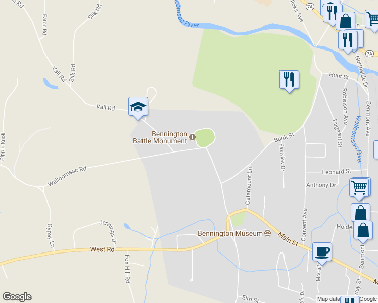 map of restaurants, bars, coffee shops, grocery stores, and more near 10 Walloomsac Road in Bennington