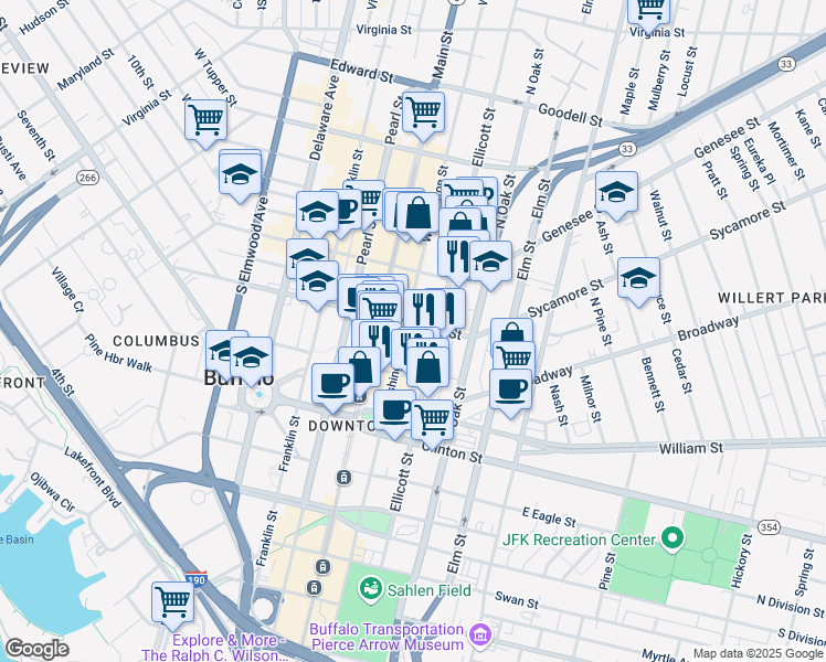 map of restaurants, bars, coffee shops, grocery stores, and more near 348 Ellicott Street in Buffalo